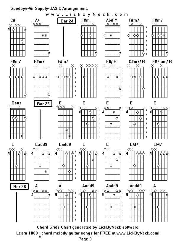 Chord Grids Chart of chord melody fingerstyle guitar song-Goodbye-Air Supply-BASIC Arrangement,generated by LickByNeck software.